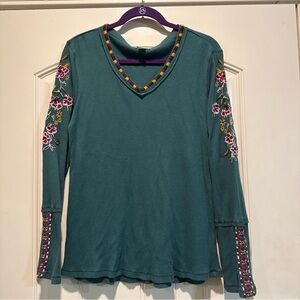 Sundance Teal Long Sleeve Top with Floral Embroidered